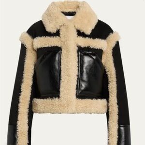 STAUD Black Cropped Teddy Jacket with Cream Shearling Trim